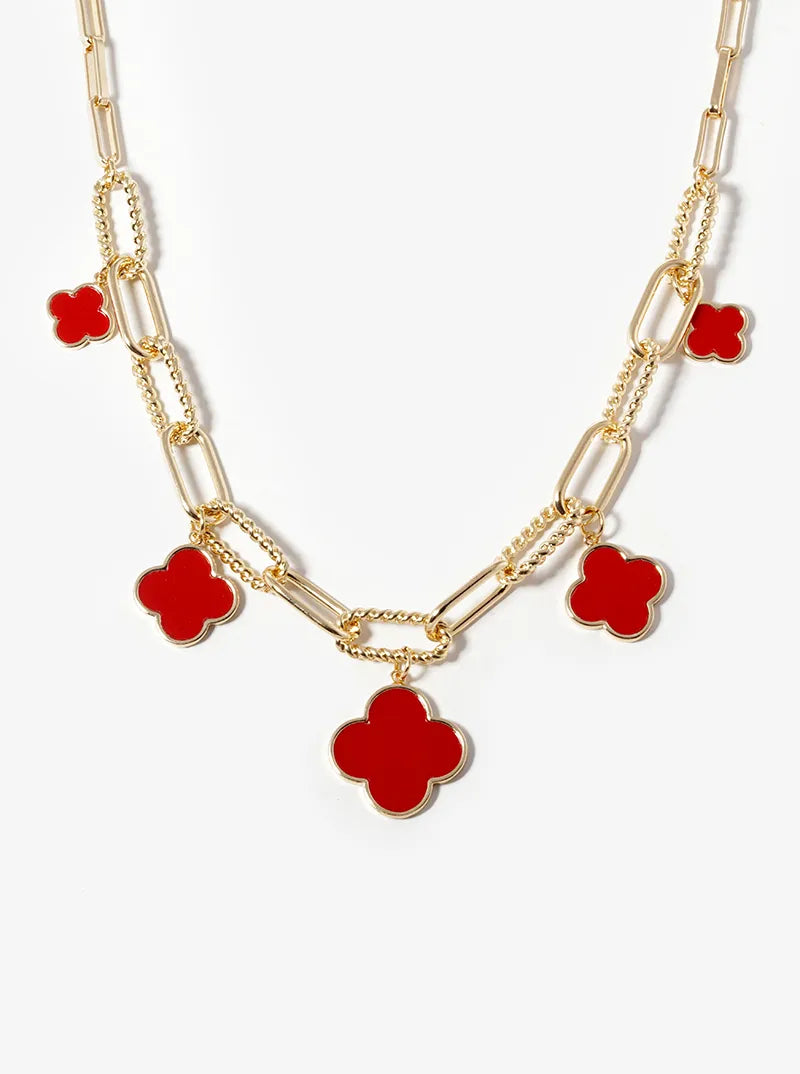 18K Gold Dipped Five Graduated Semi-Precious Quatrefoil Pendant Link Chain Necklace