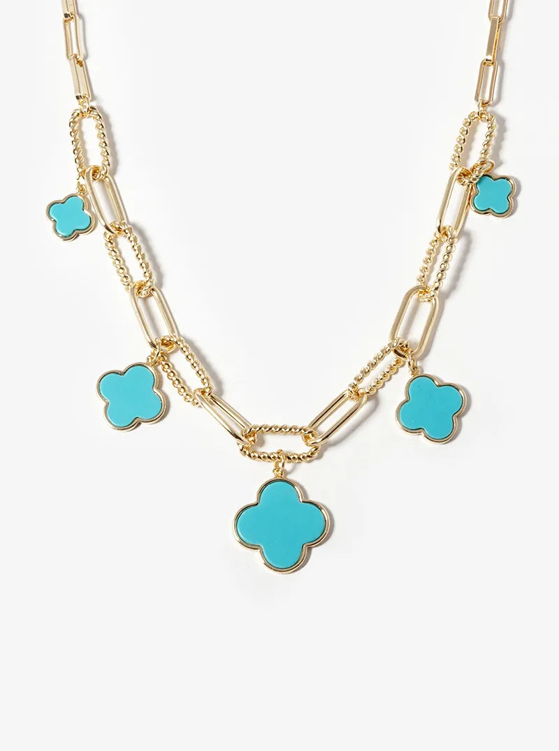 18K Gold Dipped Five Graduated Semi-Precious Quatrefoil Pendant Link Chain Necklace