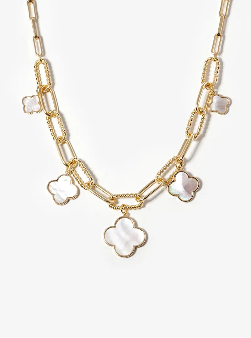 18K Gold Dipped Five Graduated Semi-Precious Quatrefoil Pendant Link Chain Necklace