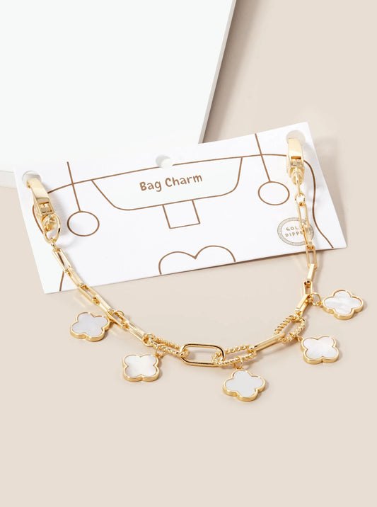 18K Gold Dipped Five Quatrefoil Bag Charm Rectangle Link Chain