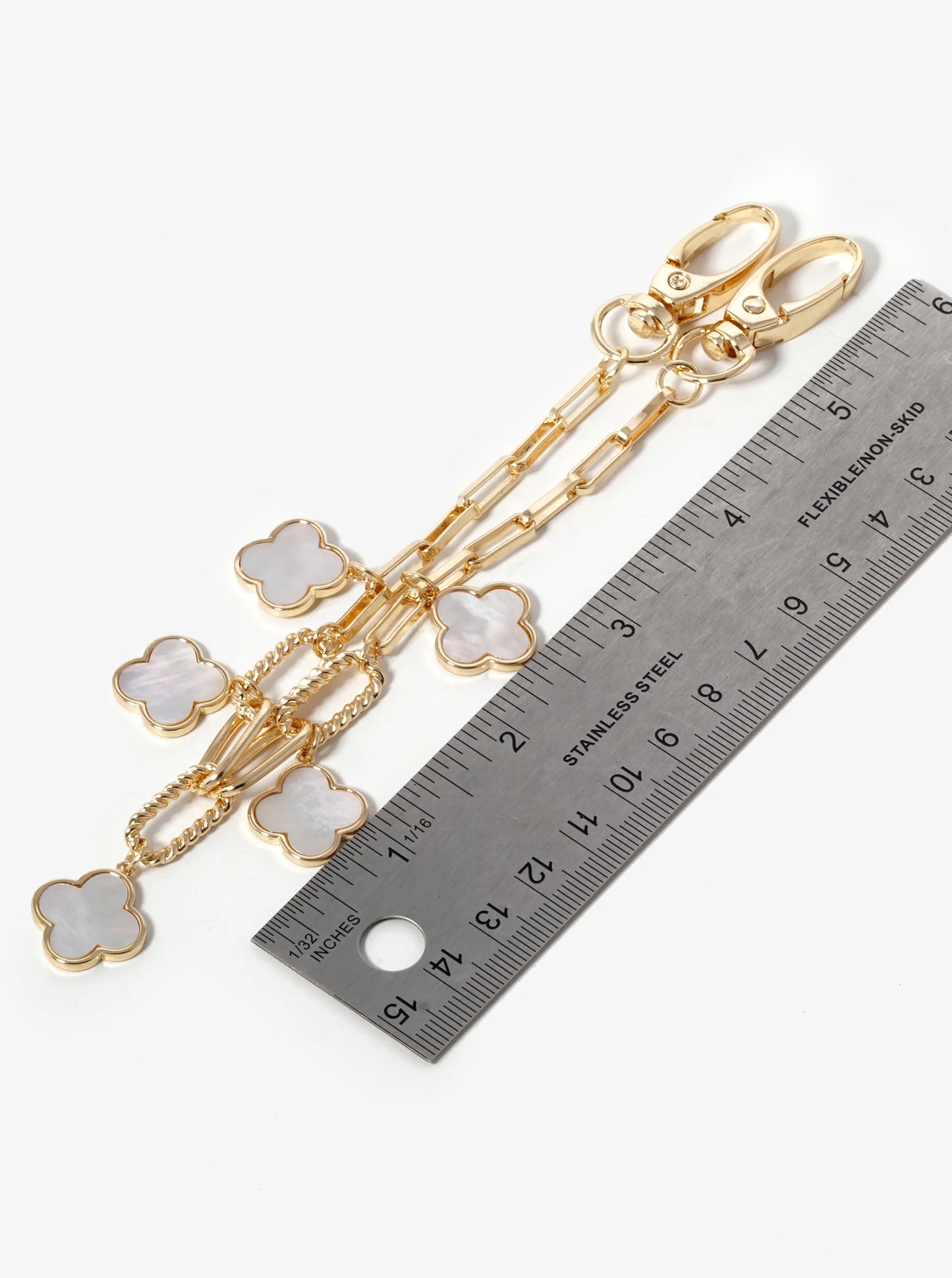 18K Gold Dipped Five Quatrefoil Bag Charm Rectangle Link Chain