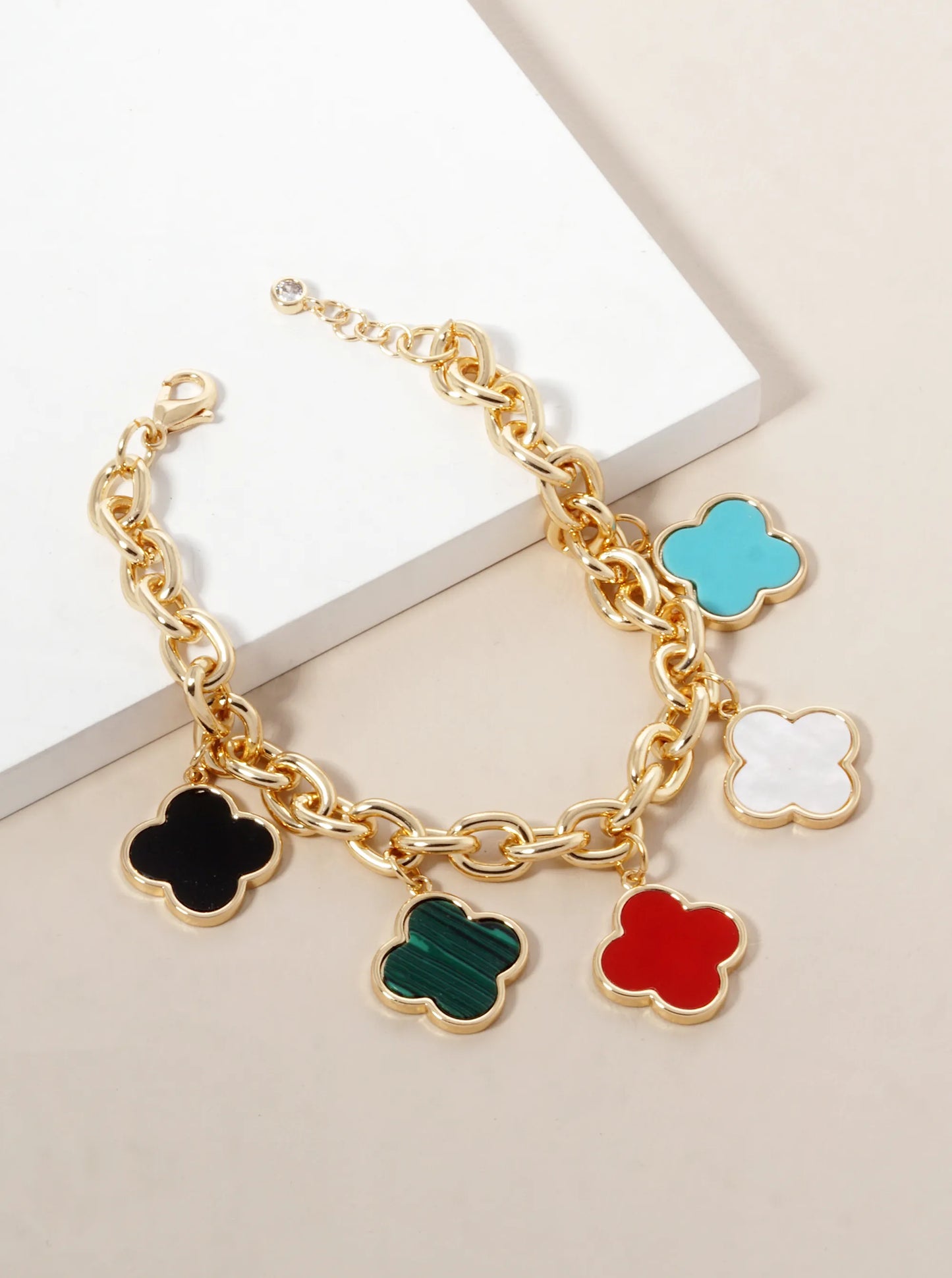 18K Gold Dipped Five Quatrefoil Charms Link Chain Bracelet