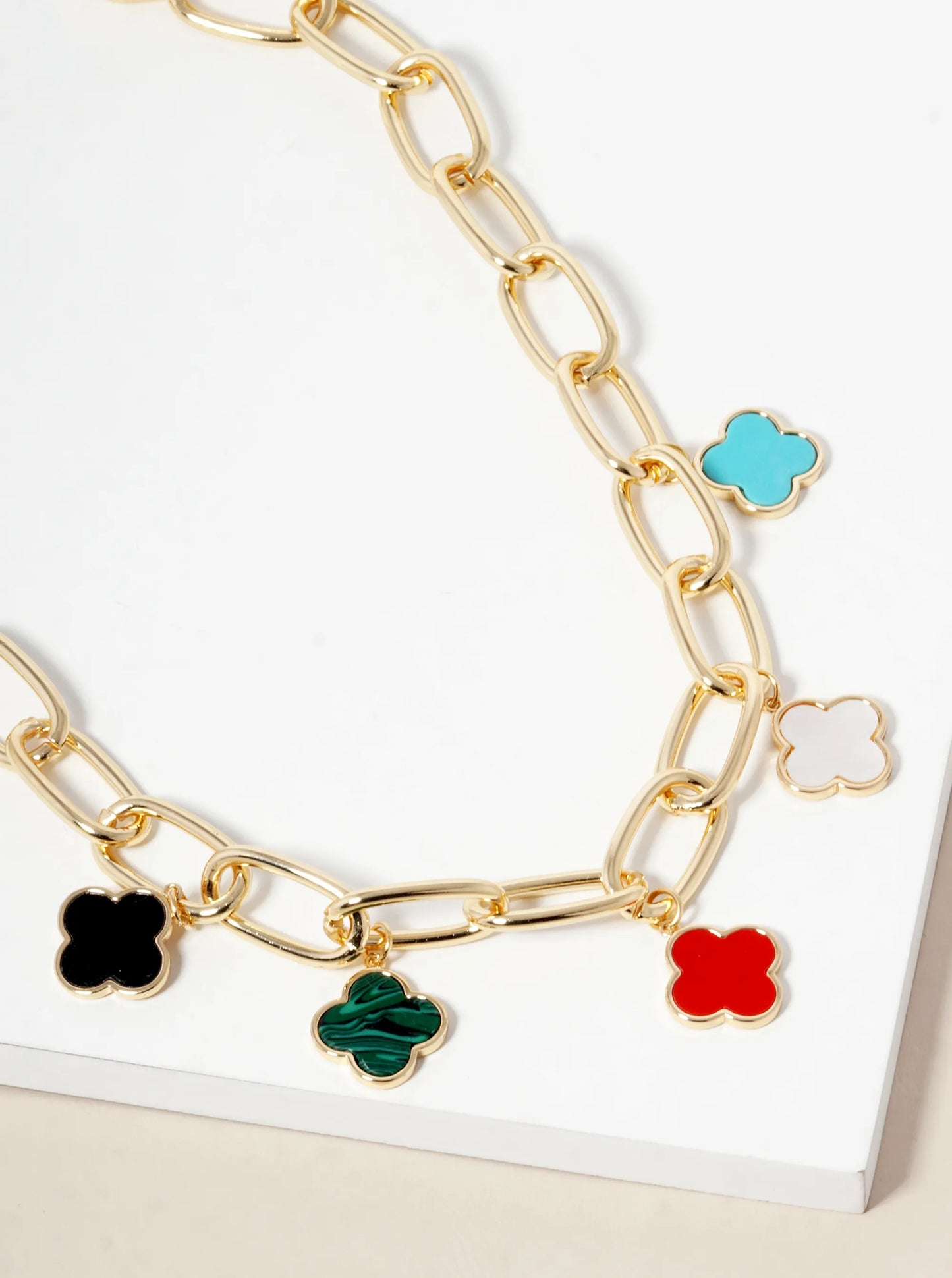 18K Gold Dipped Five Semi-Precious Quatrefoil Chain Necklace