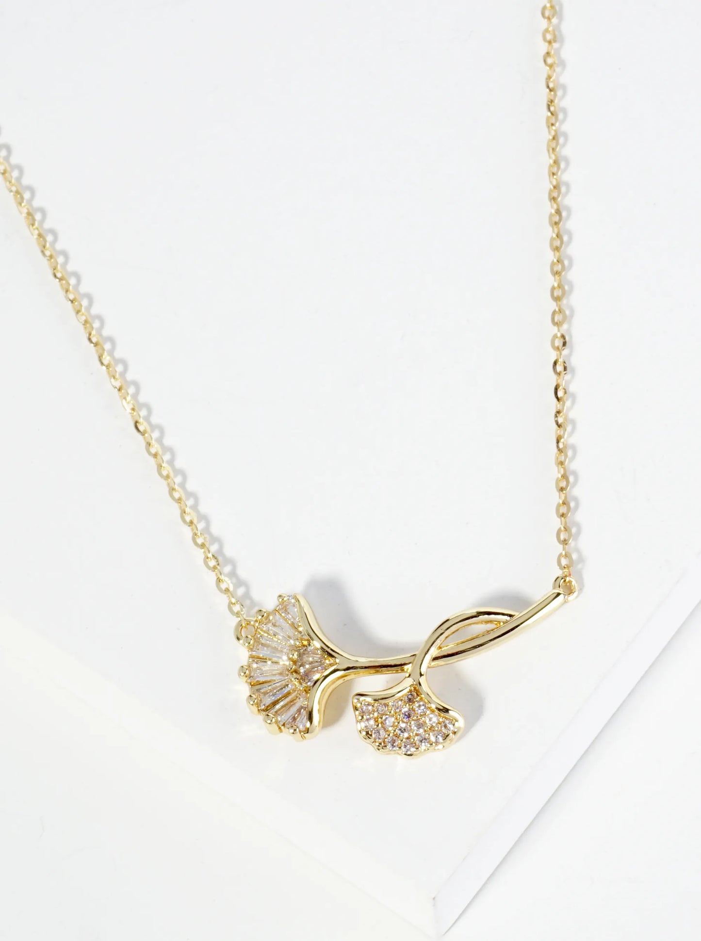 18K Gold Dipped Ginkgo Leaf Pendant Cubic Zirconia Necklace