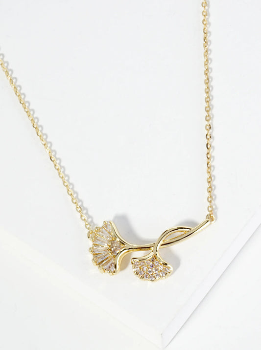 18K Gold Dipped Ginkgo Leaf Pendant Cubic Zirconia Necklace