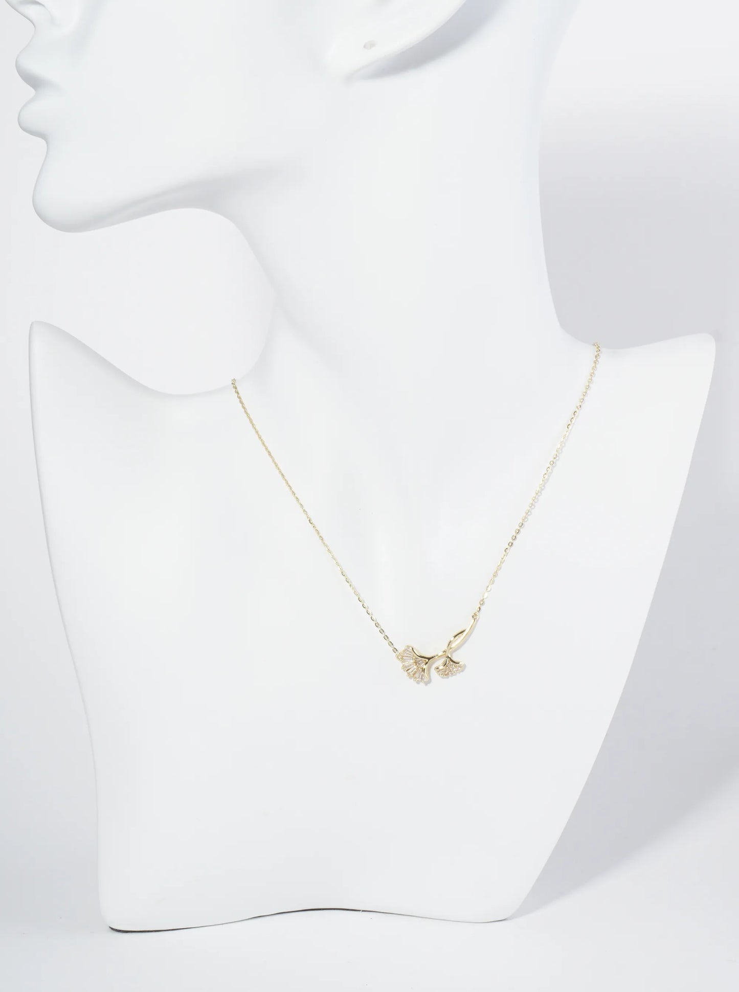 18K Gold Dipped Ginkgo Leaf Pendant Cubic Zirconia Necklace