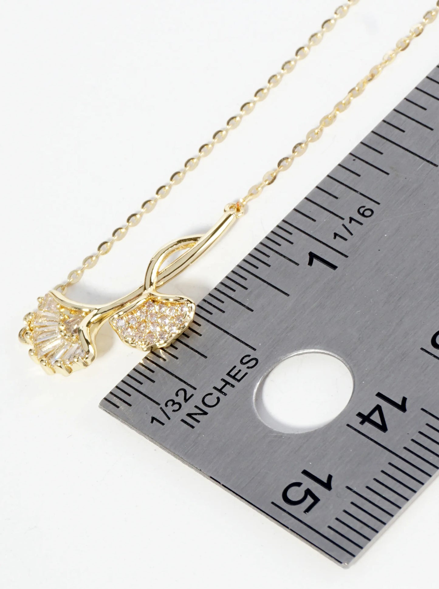 18K Gold Dipped Ginkgo Leaf Pendant Cubic Zirconia Necklace