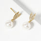 18K Gold Dipped Glass Pearl Drop CZ Pave Heart Post Earrings