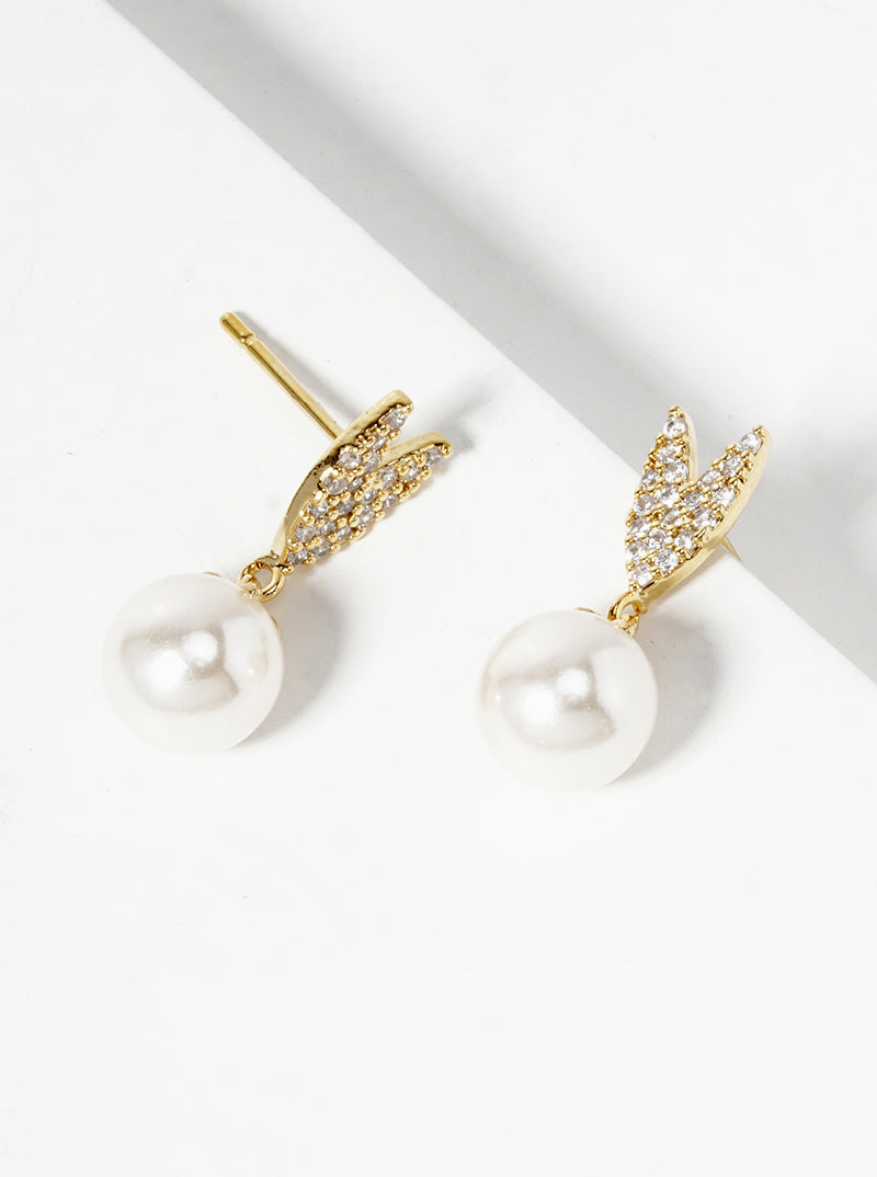 18K Gold Dipped Glass Pearl Drop CZ Pave Heart Post Earrings