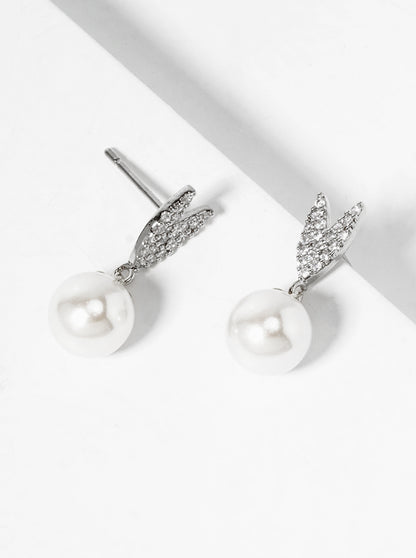 18K Gold Dipped Glass Pearl Drop CZ Pave Heart Post Earrings