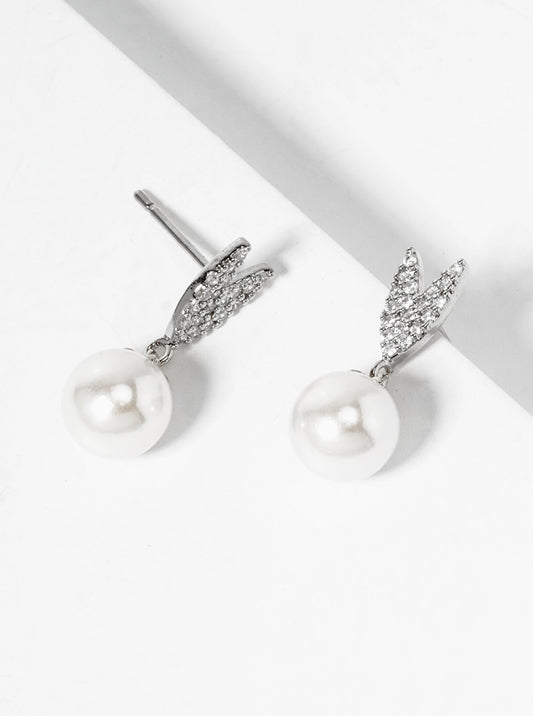 18K Gold Dipped Glass Pearl Drop CZ Pave Heart Post Earrings