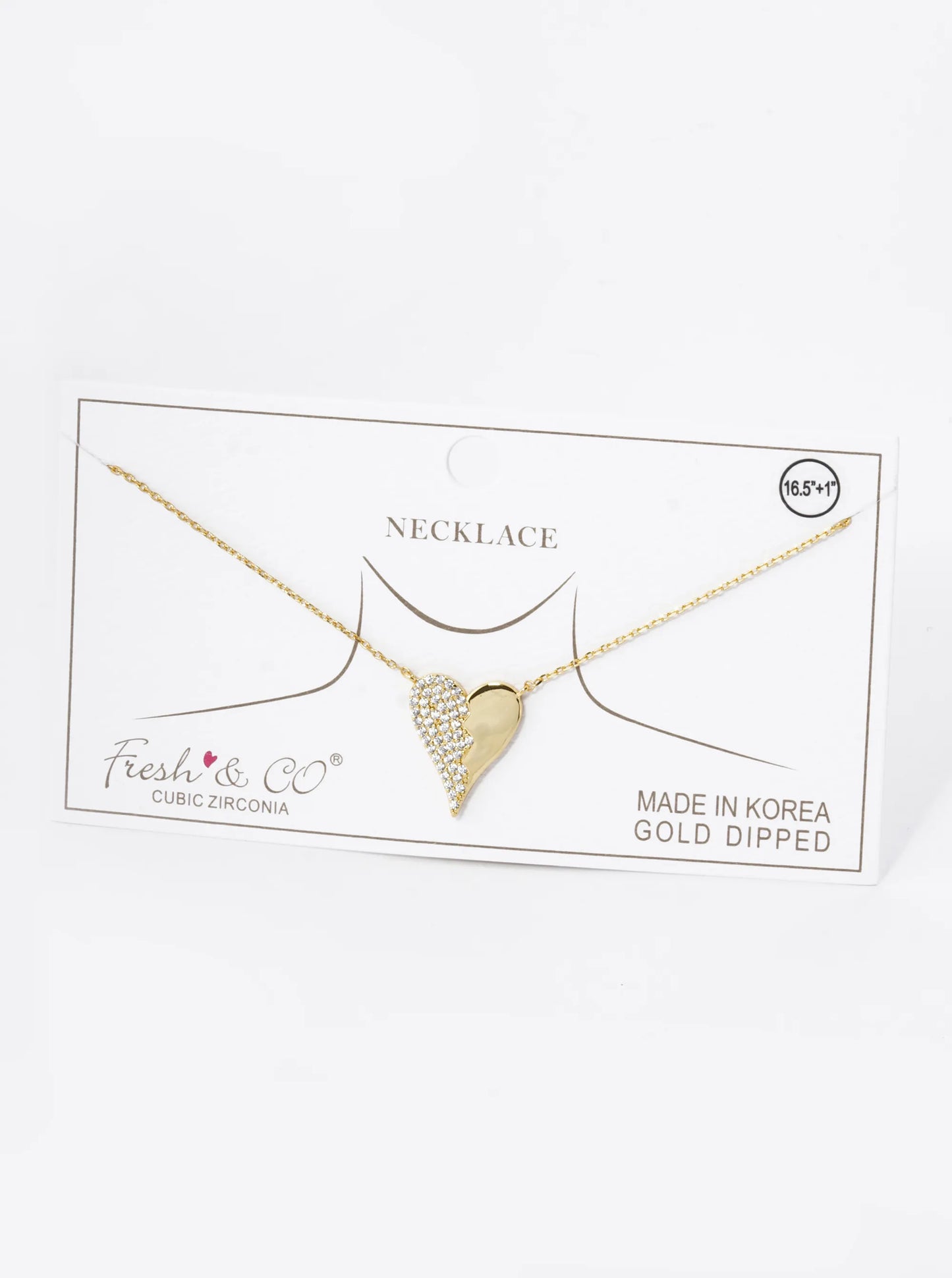 18K Gold Dipped Half Cubic Zirconia Pave Heart Pendant Necklace