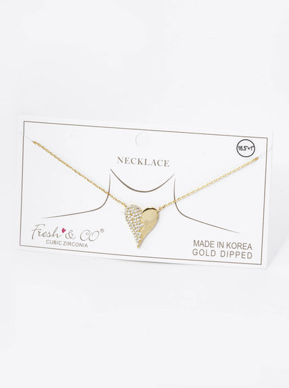 18K Gold Dipped Half Cubic Zirconia Pave Heart Pendant Necklace