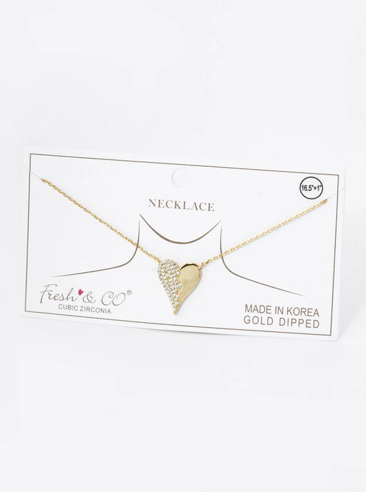 18K Gold Dipped Half Cubic Zirconia Pave Heart Pendant Necklace