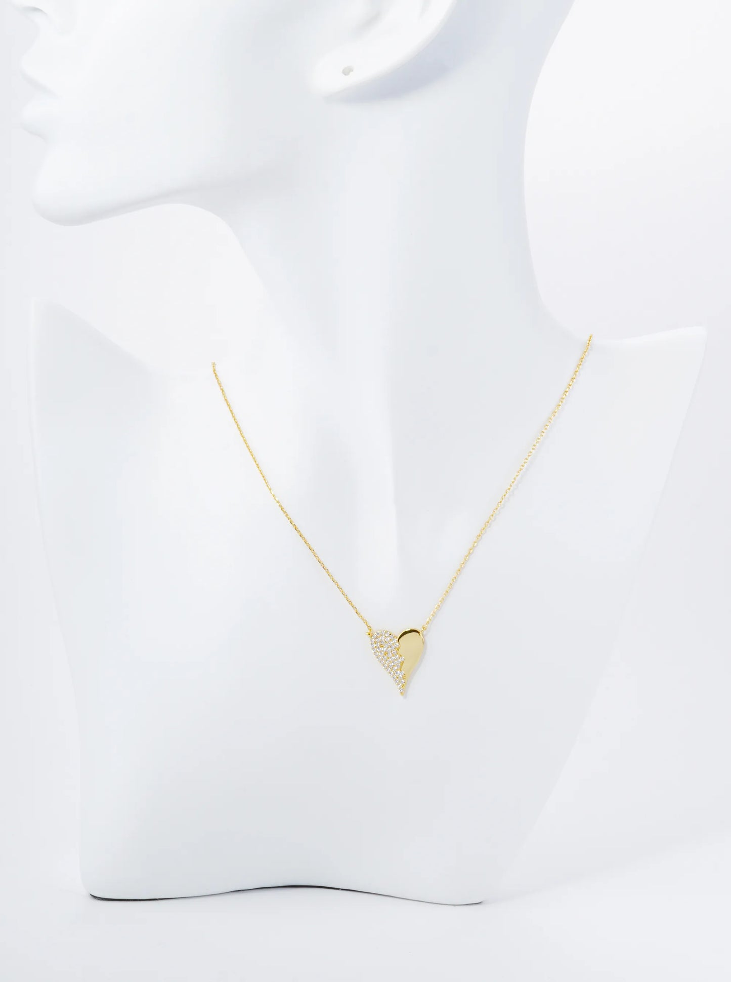 18K Gold Dipped Half Cubic Zirconia Pave Heart Pendant Necklace