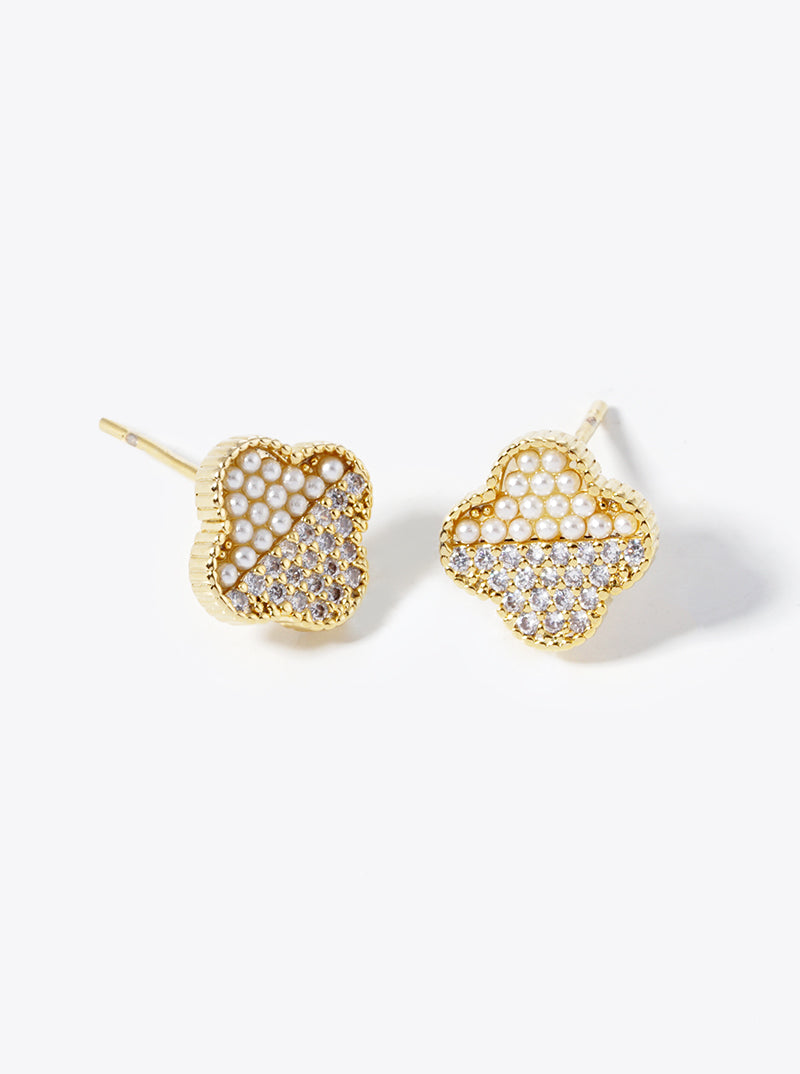 18K Gold Dipped Half Pearl Beads Half Micro Pave Set Cubic Zirconia 8mm Quatrefoil 925 Sterling Silver Post Stud Earrings