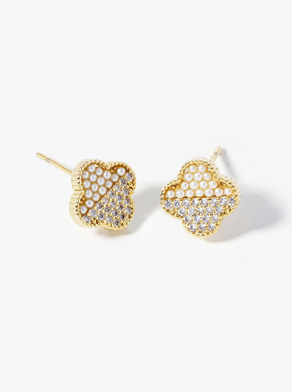 18K Gold Dipped Half Pearl Beads Half Micro Pave Set Cubic Zirconia 8mm Quatrefoil 925 Sterling Silver Post Stud Earrings