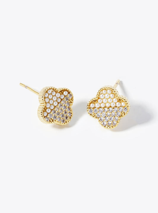 18K Gold Dipped Half Pearl Beads Half Micro Pave Set Cubic Zirconia 8mm Quatrefoil 925 Sterling Silver Post Stud Earrings