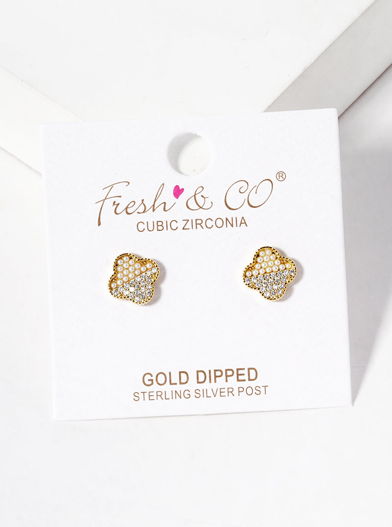 18K Gold Dipped Half Pearl Beads Half Micro Pave Set Cubic Zirconia 8mm Quatrefoil 925 Sterling Silver Post Stud Earrings