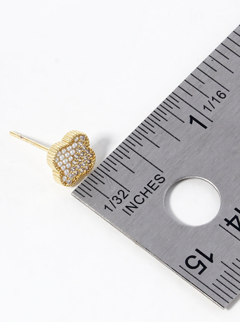 18K Gold Dipped Half Pearl Beads Half Micro Pave Set Cubic Zirconia 8mm Quatrefoil 925 Sterling Silver Post Stud Earrings