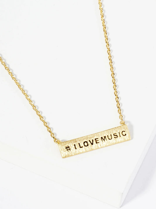 18K Gold Dipped Hashtag I Love Music Bar Pendant Necklace