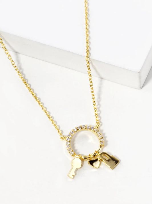 18K Gold Dipped Heart Key And Padlock Drop CZ Pave Circle Pendant Necklace