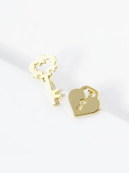 18K Gold Dipped Heart Lock And Key Asymmetric Brass Stud Earrings