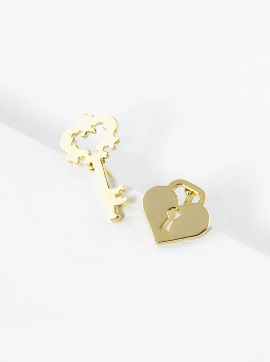 18K Gold Dipped Heart Lock And Key Asymmetric Brass Stud Earrings