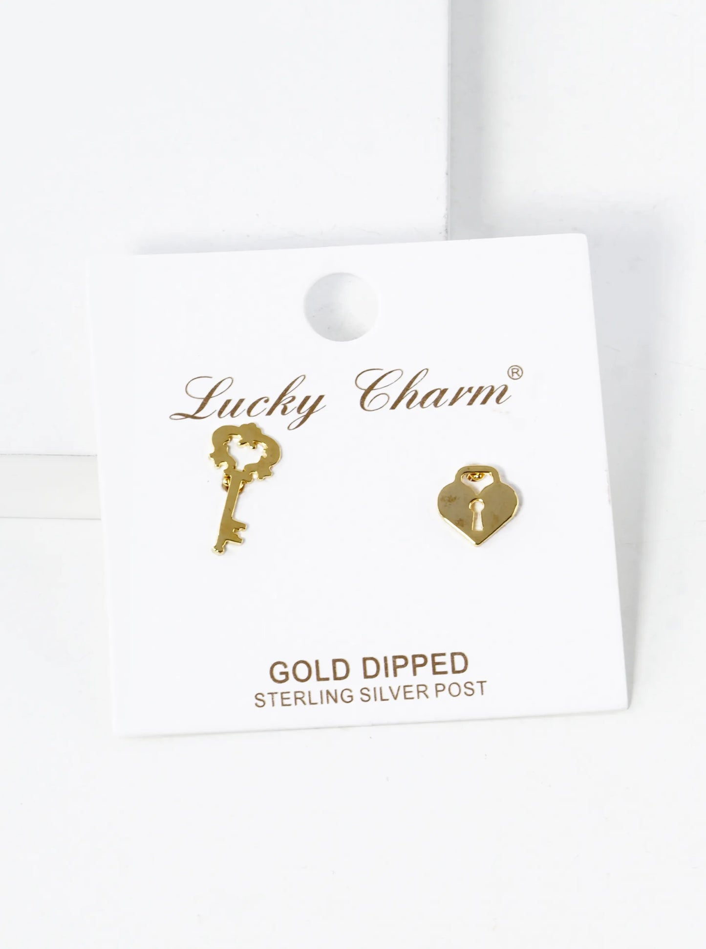 18K Gold Dipped Heart Lock And Key Asymmetric Brass Stud Earrings