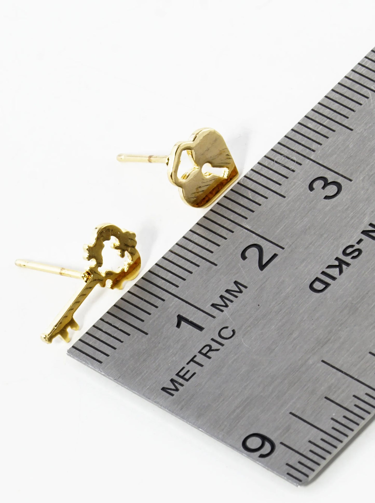 18K Gold Dipped Heart Lock And Key Asymmetric Brass Stud Earrings