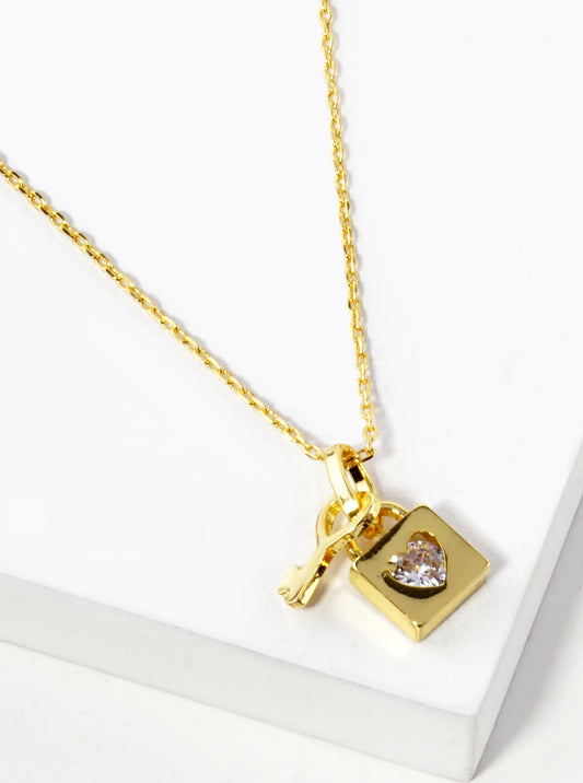 18K Gold Dipped Heart Padlock With CZ Stone Pendant Necklace