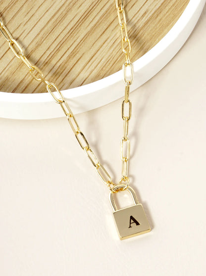 18K Gold Dipped Initial Lock Pendant Link Chain Necklace
