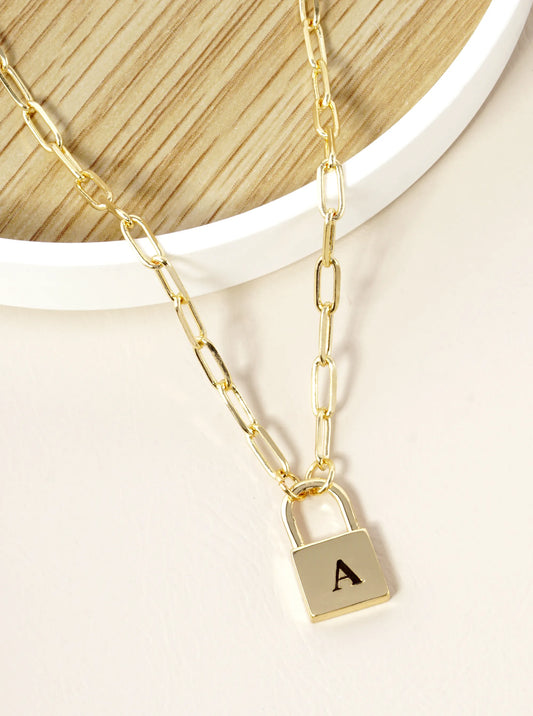 18K Gold Dipped Initial Lock Pendant Link Chain Necklace