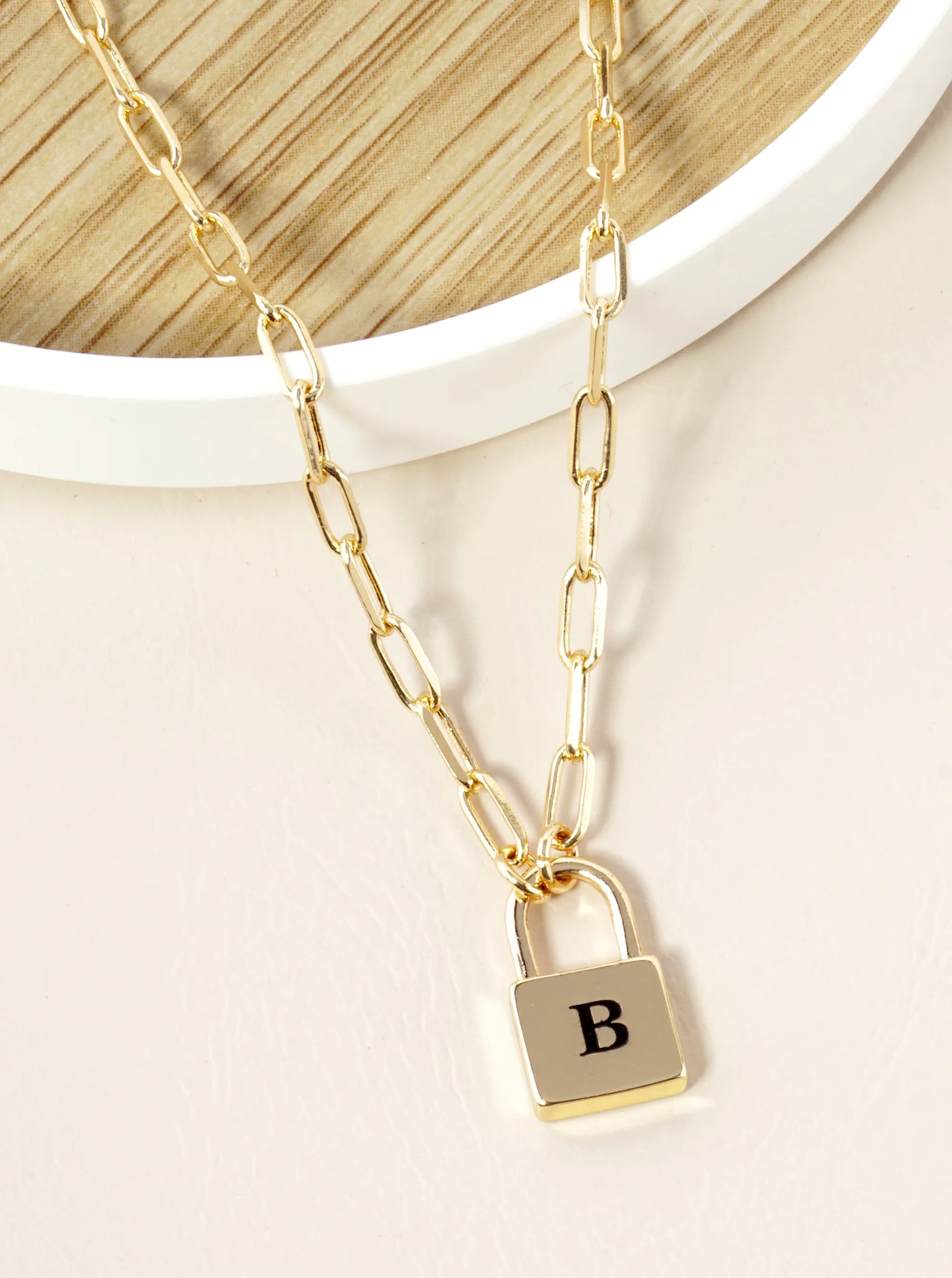 18K Gold Dipped Initial Lock Pendant Link Chain Necklace