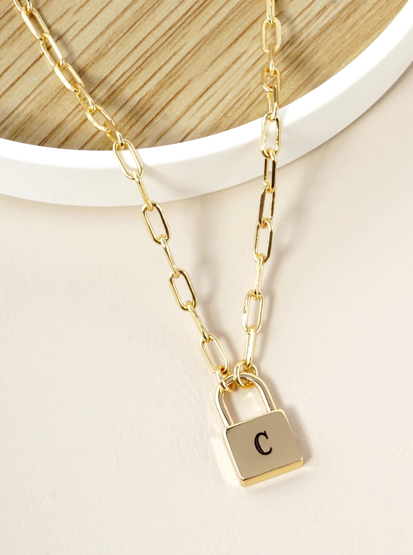 18K Gold Dipped Initial Lock Pendant Link Chain Necklace