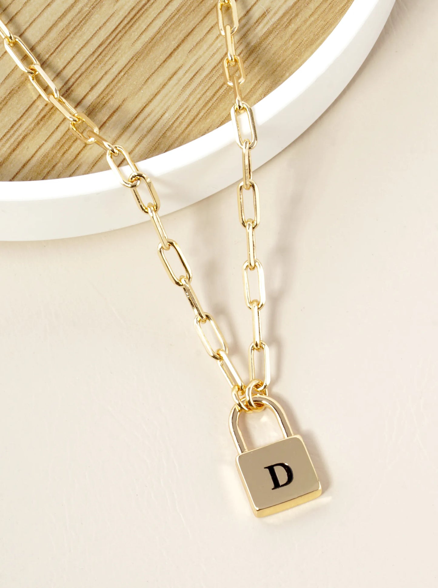 18K Gold Dipped Initial Lock Pendant Link Chain Necklace