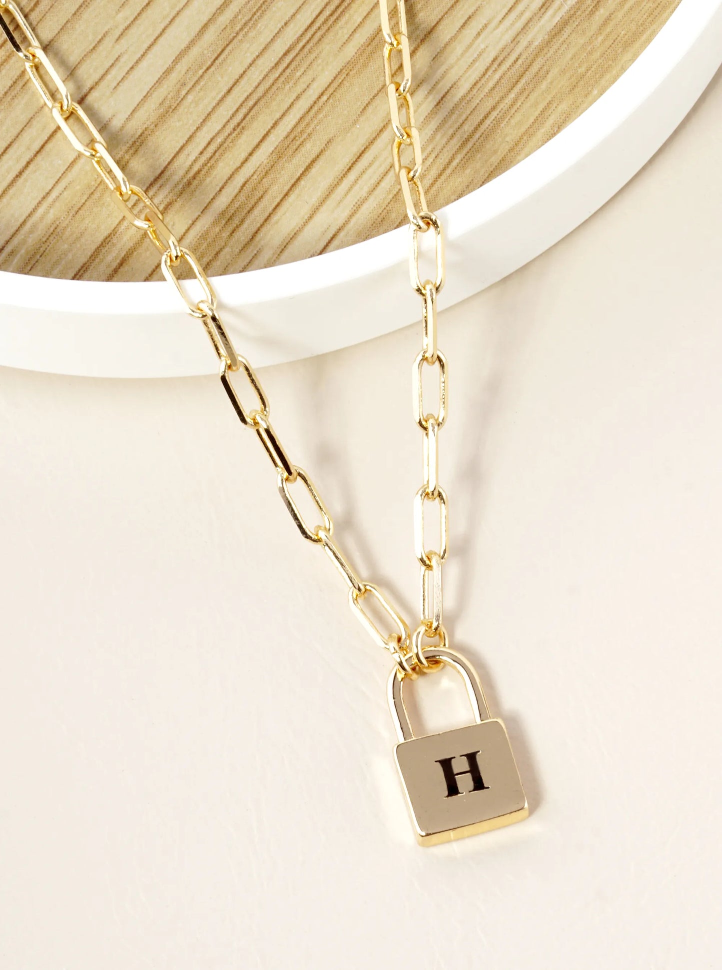 18K Gold Dipped Initial Lock Pendant Link Chain Necklace