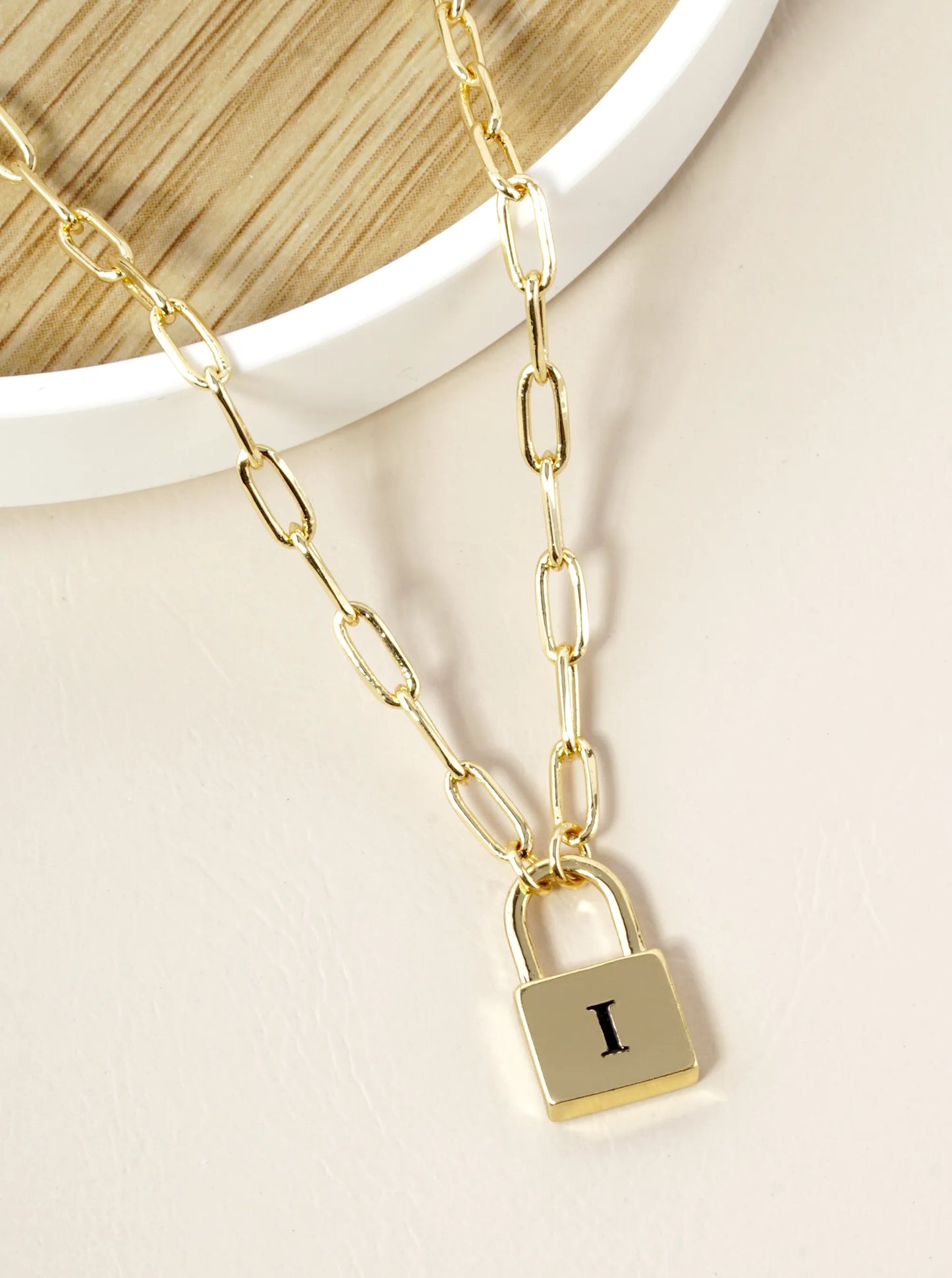 18K Gold Dipped Initial Lock Pendant Link Chain Necklace