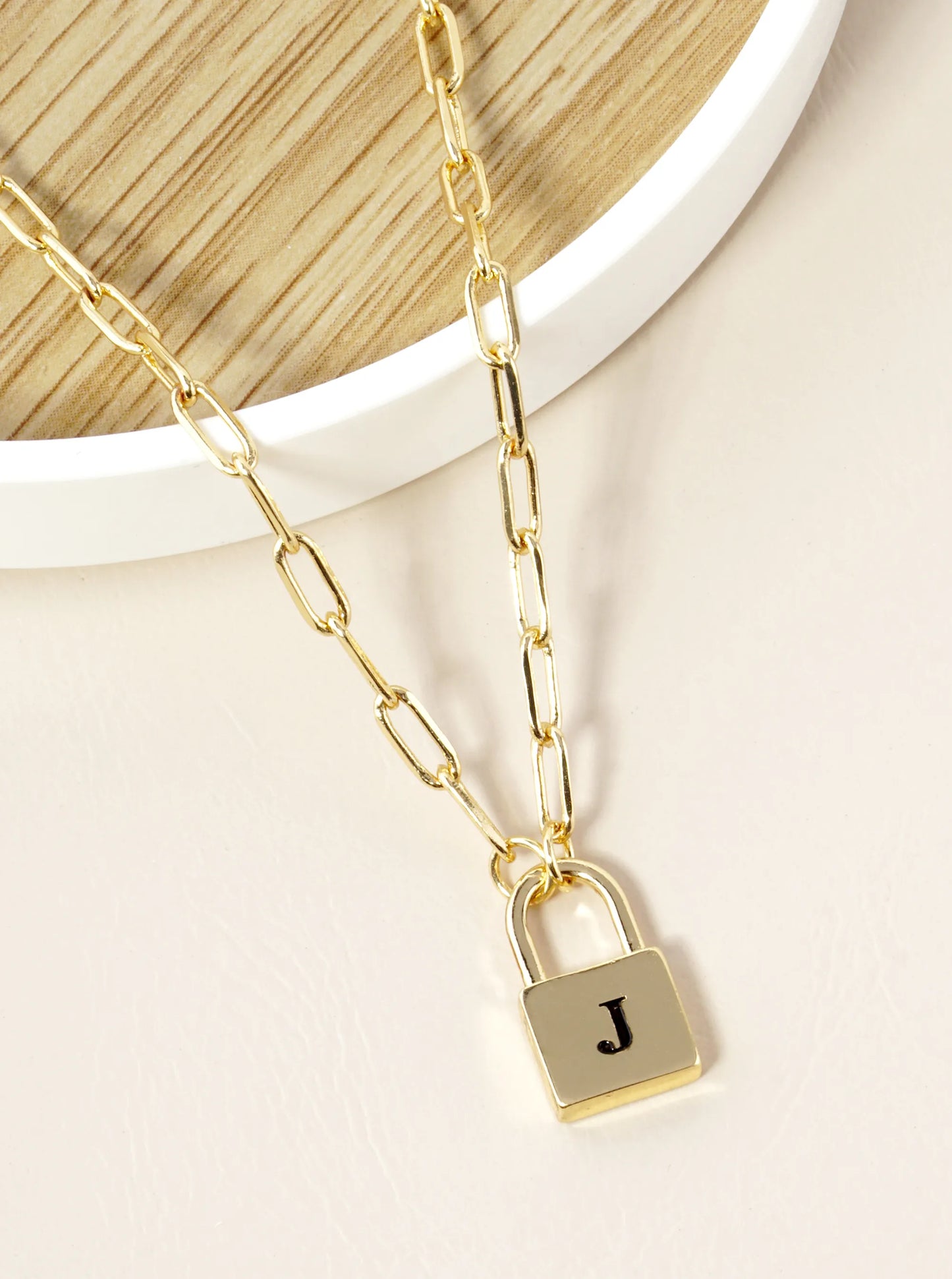 18K Gold Dipped Initial Lock Pendant Link Chain Necklace