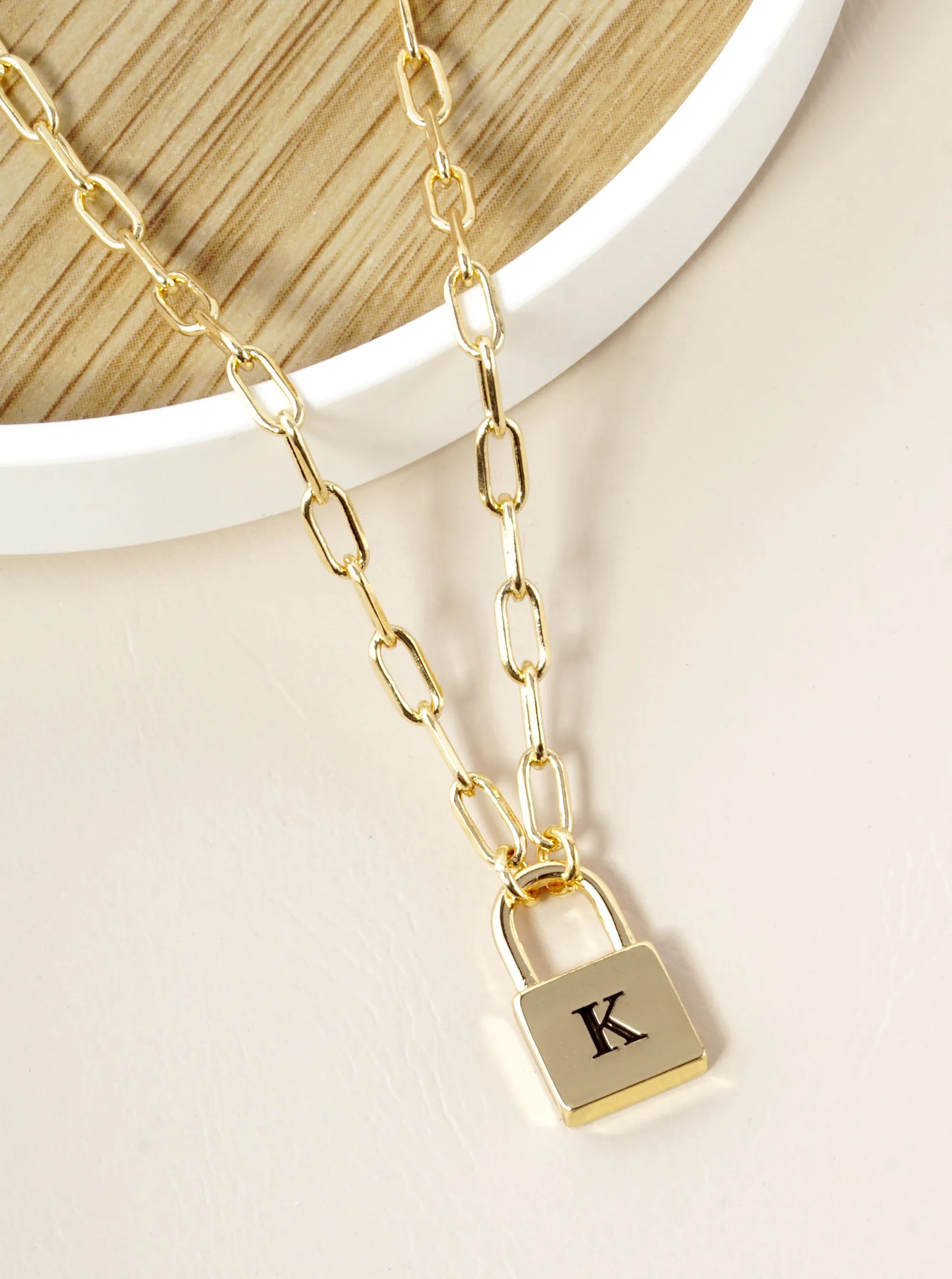 18K Gold Dipped Initial Lock Pendant Link Chain Necklace