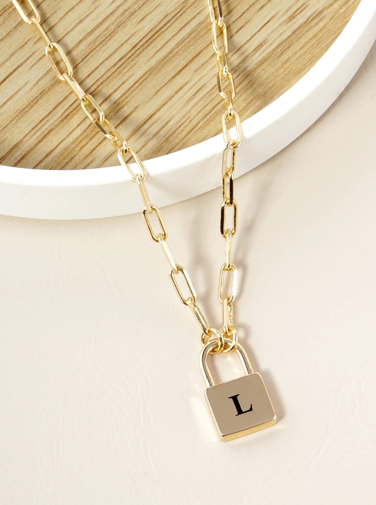 18K Gold Dipped Initial Lock Pendant Link Chain Necklace