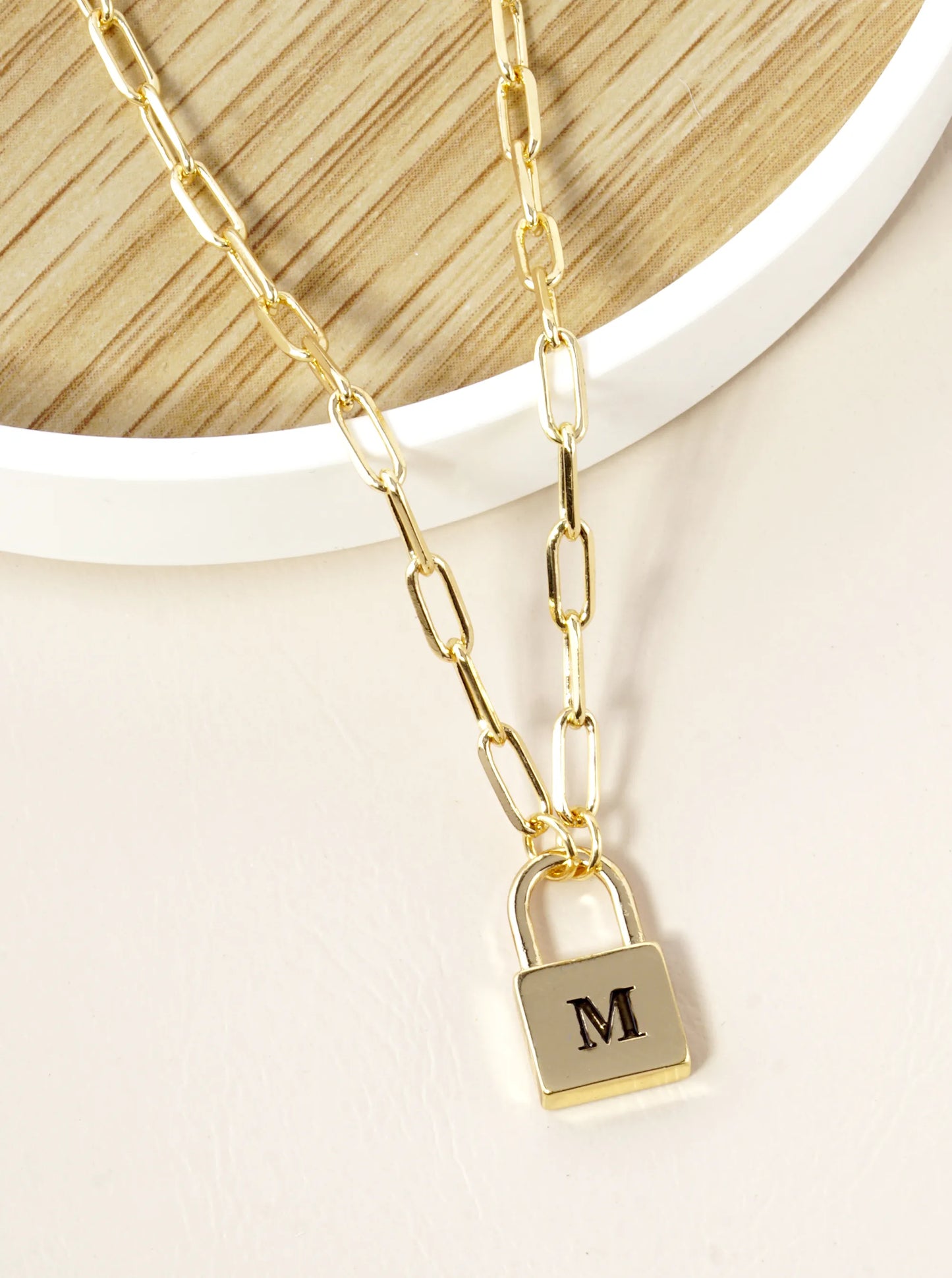18K Gold Dipped Initial Lock Pendant Link Chain Necklace
