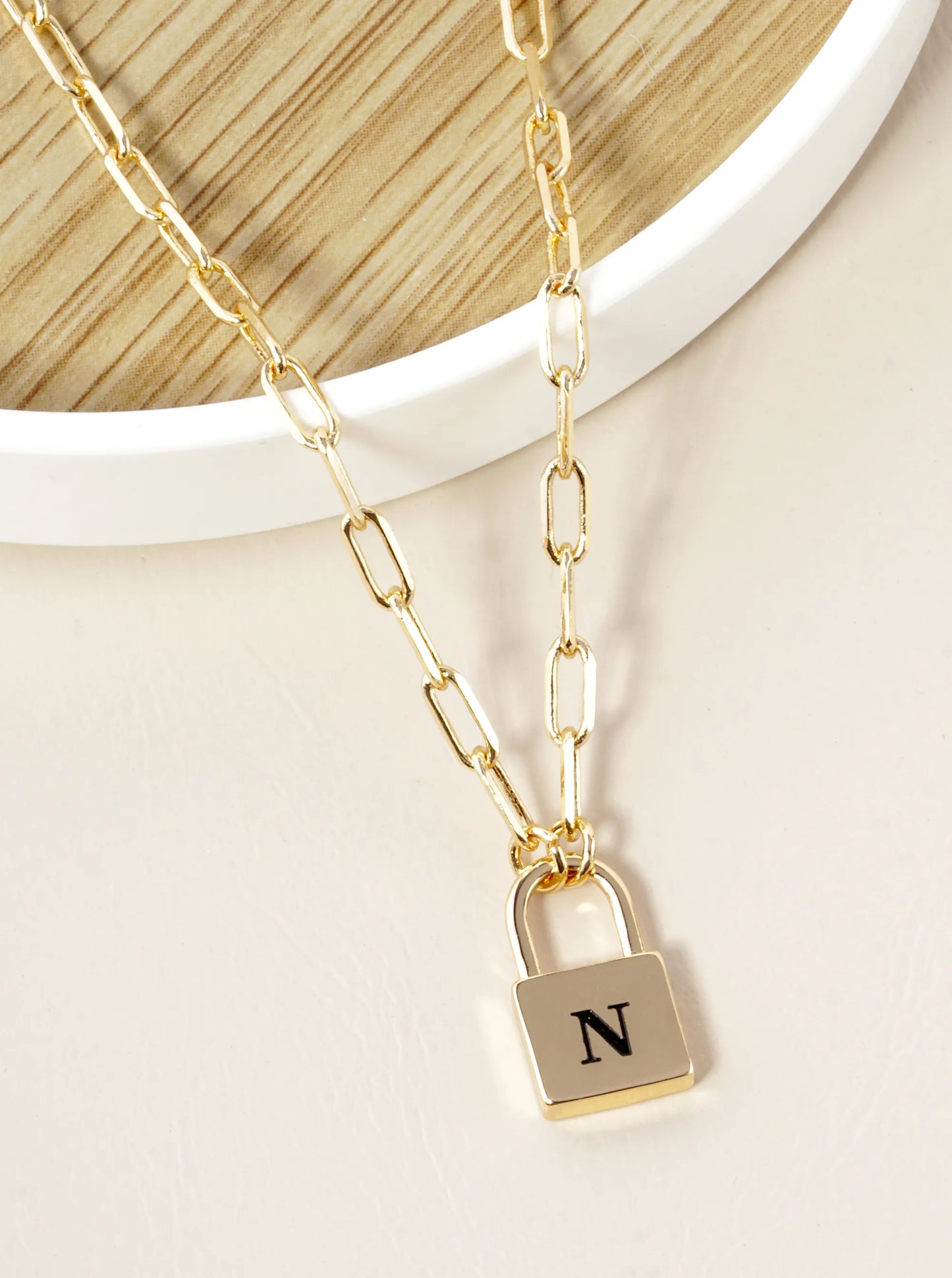 18K Gold Dipped Initial Lock Pendant Link Chain Necklace