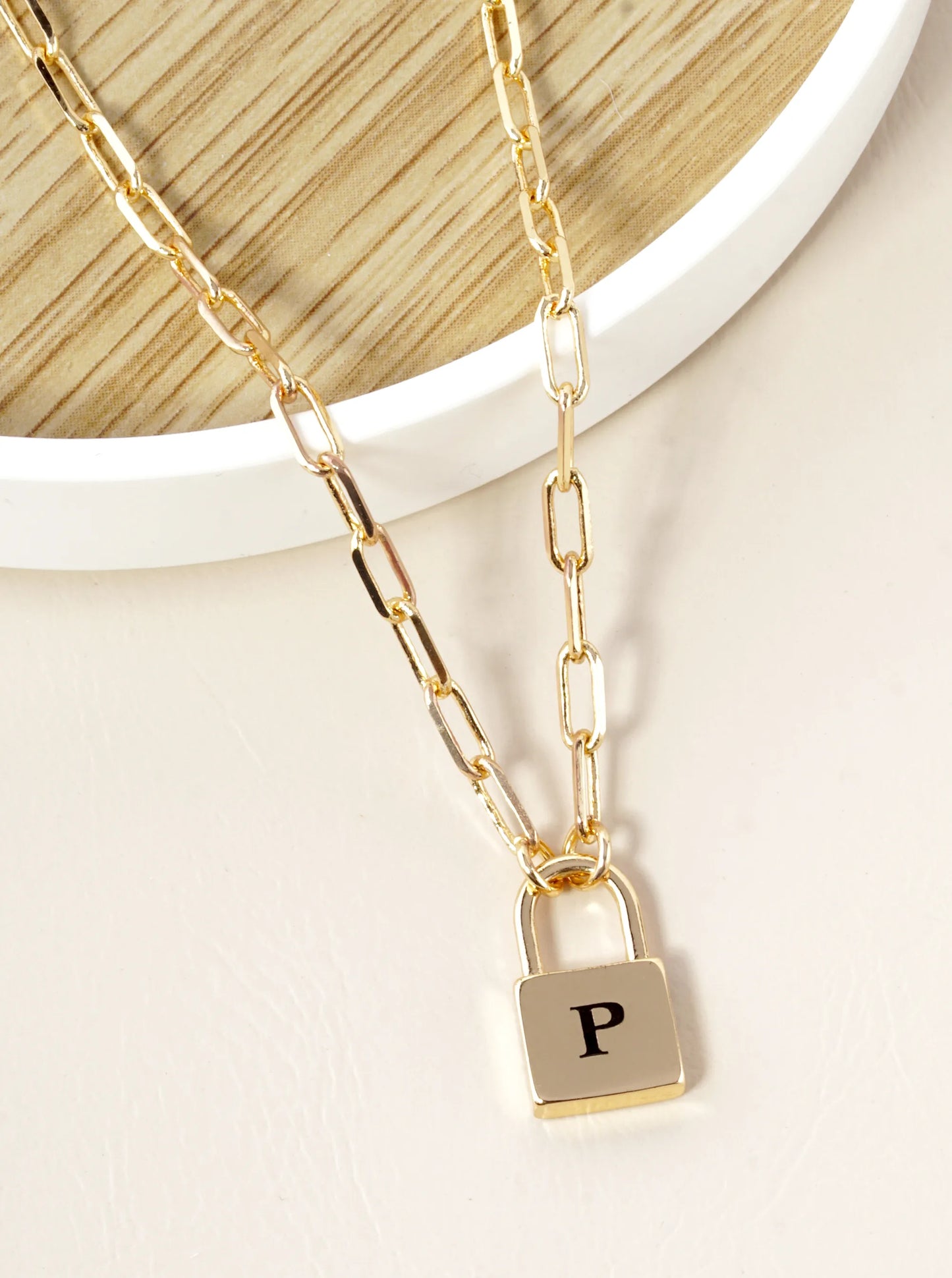 18K Gold Dipped Initial Lock Pendant Link Chain Necklace