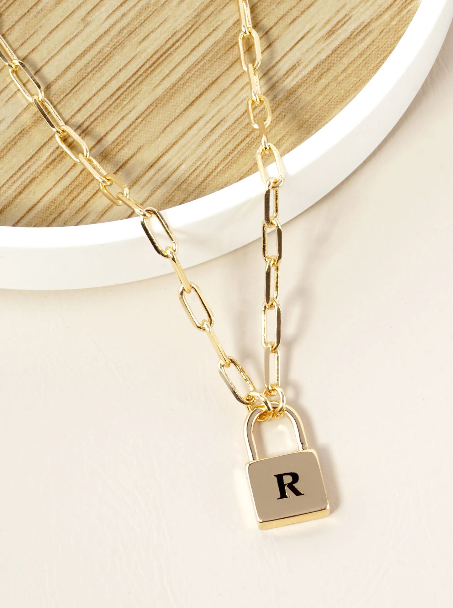 18K Gold Dipped Initial Lock Pendant Link Chain Necklace