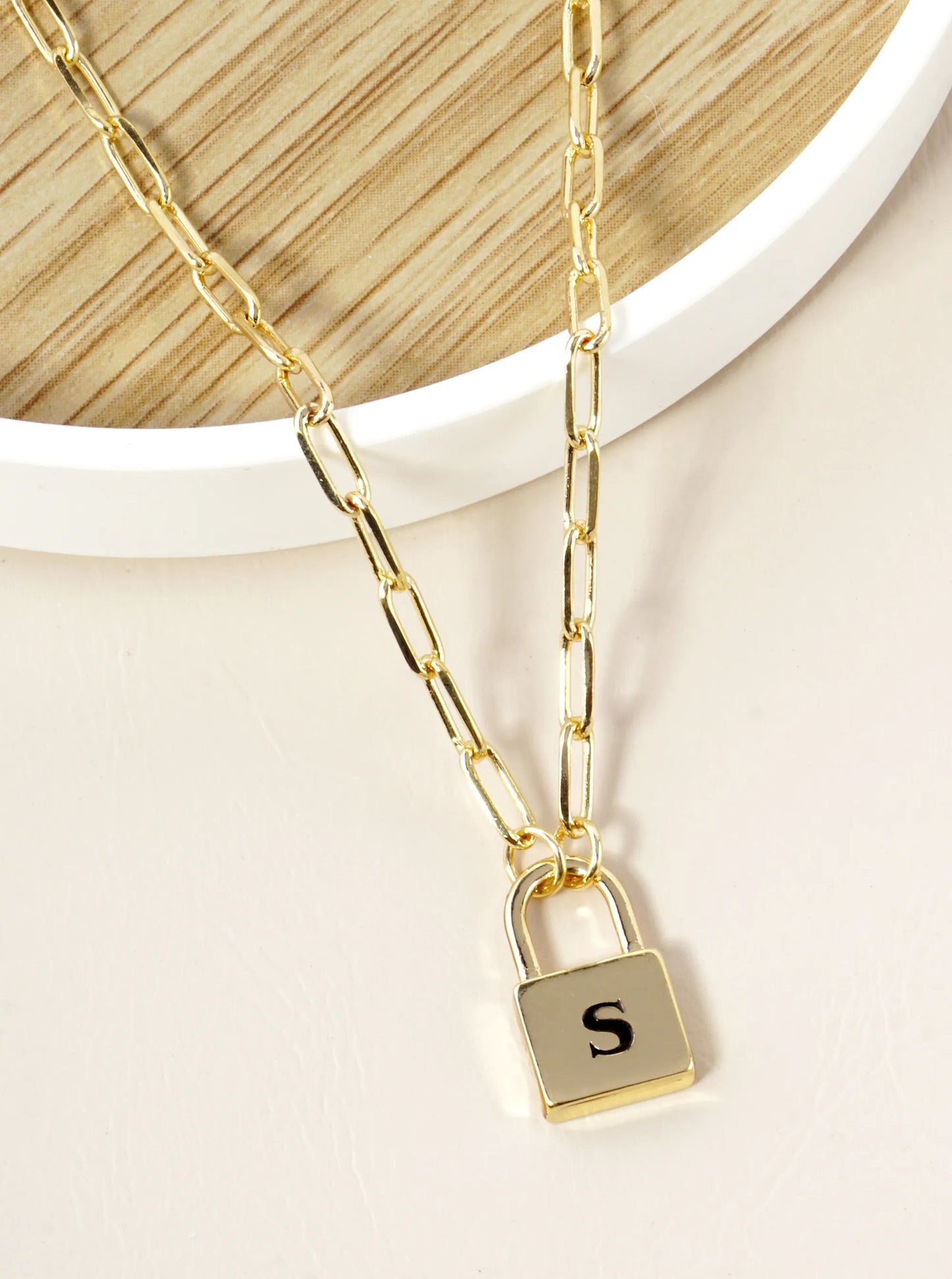 18K Gold Dipped Initial Lock Pendant Link Chain Necklace