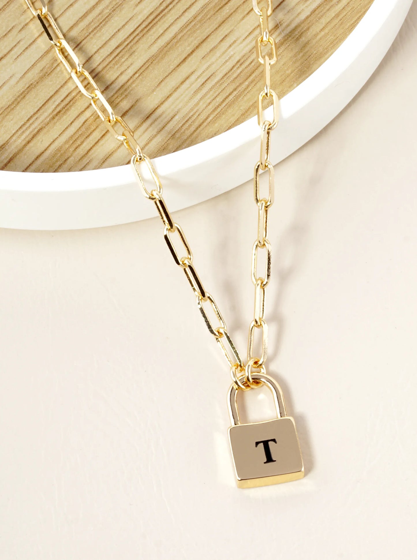 18K Gold Dipped Initial Lock Pendant Link Chain Necklace