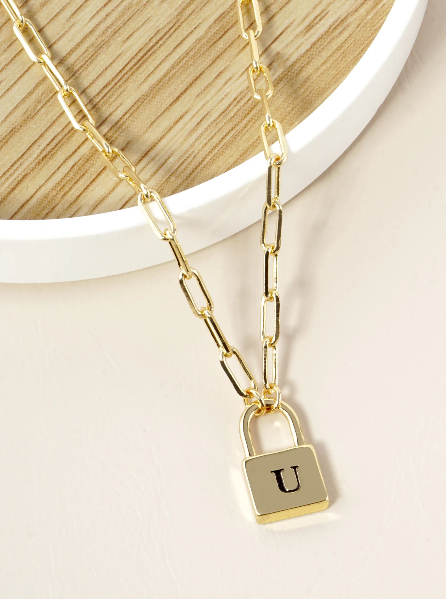 18K Gold Dipped Initial Lock Pendant Link Chain Necklace
