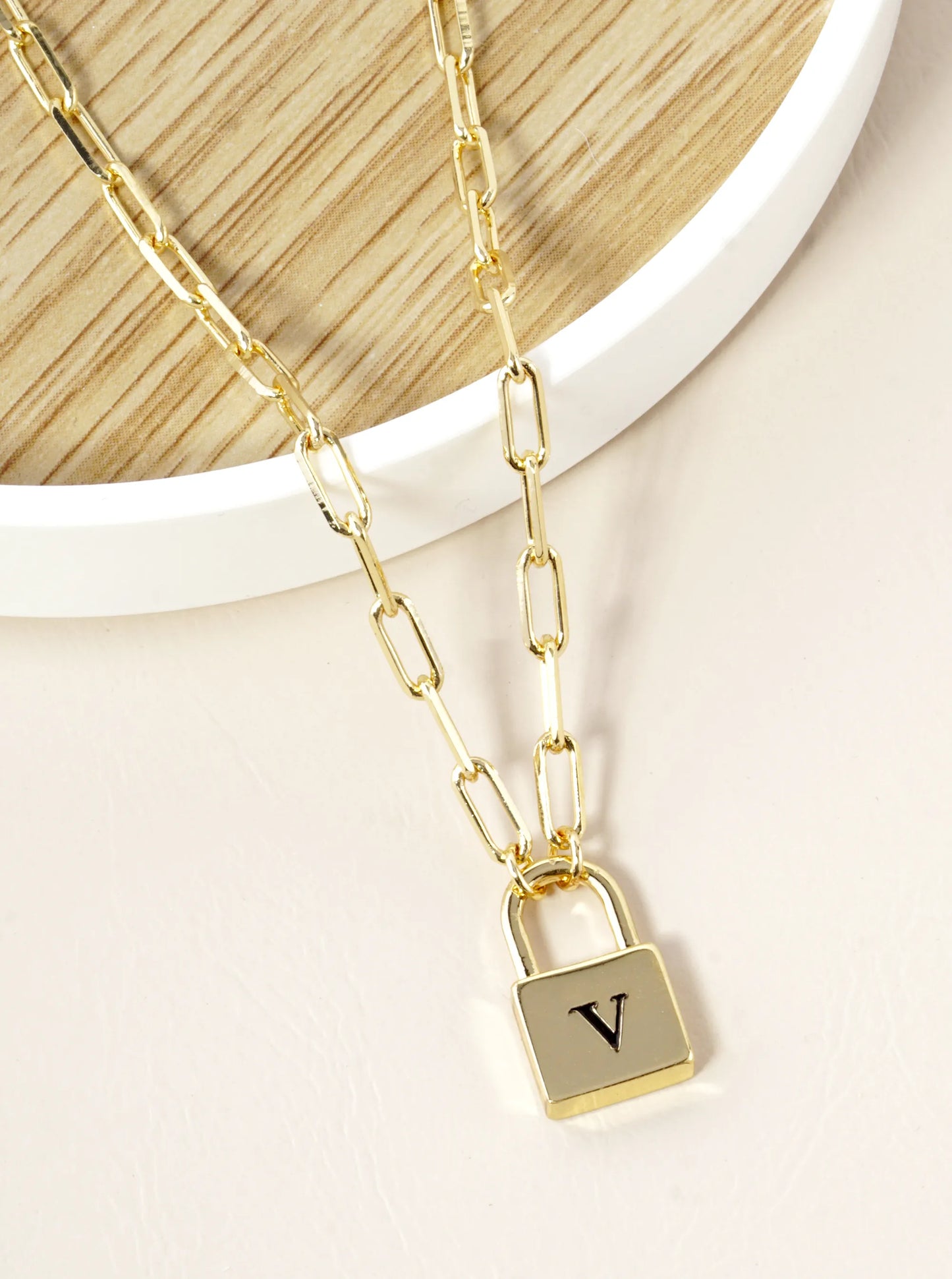 18K Gold Dipped Initial Lock Pendant Link Chain Necklace