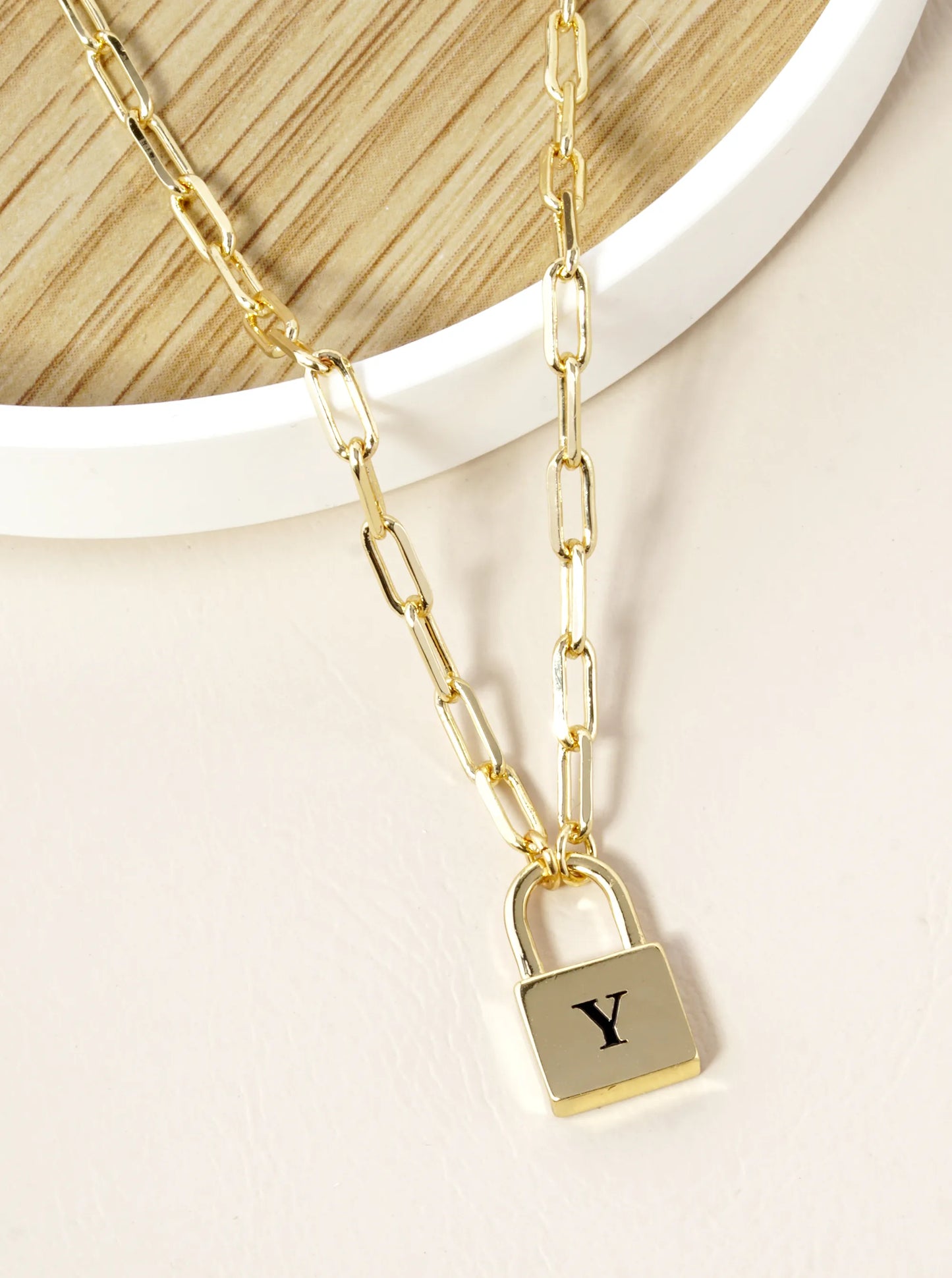 18K Gold Dipped Initial Lock Pendant Link Chain Necklace